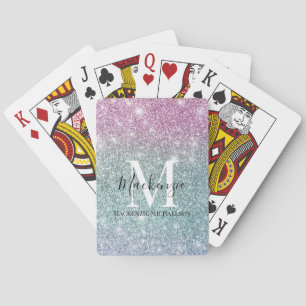 Girly Pink Blue Paars Glitter Monogram Naam Pokerkaarten