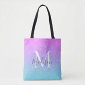 Girly Pink Blue Rainbow Star Glitter Monogram Naam Draagtas (Voorkant)