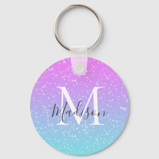 Girly Pink Blue Rainbow Star Glitter Monogram Naam Sleutelhanger (Voorkant)