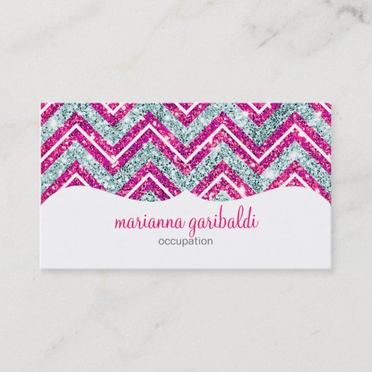 Girly Pink & Blue Sparkly Faux Glitter Chevron Visitekaartje (Voorkant)