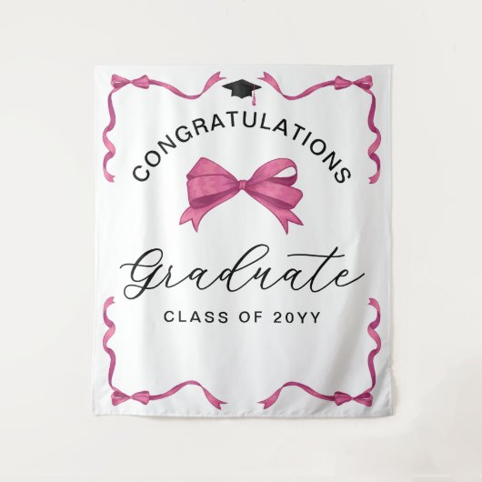 Girly Pink Bow Congrats Afstuderen Achtergrond Wandkleed (Voorkant)