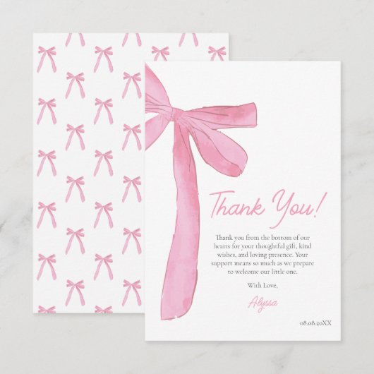Girly Pink Bow Hand drawn Coquette baby shower  Bedankkaart (Voorkant / Achterkant)
