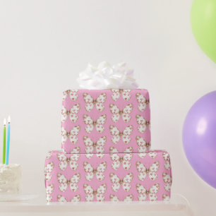 Girly Pink Butterfly Hearts Verjaardag Cadeaupapier