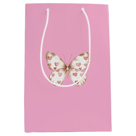 Girly Pink Butterfly Hearts Verjaardag Medium Cadeauzakje (Voorkant)