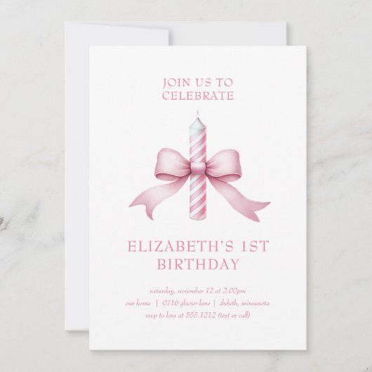 Girly Pink Coquette Bow Candle 1e verjaardag Kaart (Voorkant)