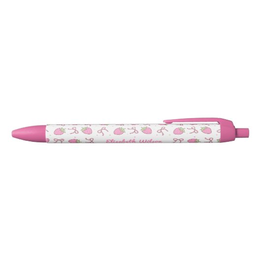 Girly Pink Coquette Strawberry Bow Script Naam Zwarte Inkt Pen (Bovenkant)