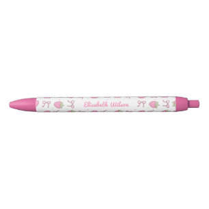 Girly Pink Coquette Strawberry Bow Script Naam Zwarte Inkt Pen
