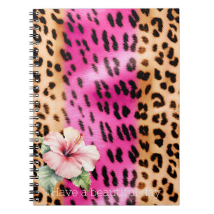 Girly Pink Cream Zwart Leopard Hibiscus Bloem Notitieboek
