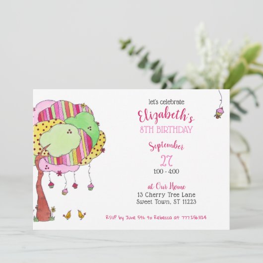 Girly Pink Cupcake Tree Birthday Party Invitation Kaart (Staand voorkant)