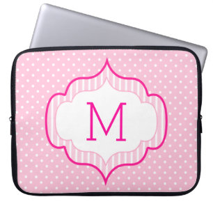 Girly Pink Custom Monogram Polka Dot Pattern Laptop Sleeve