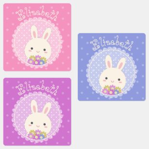 Girly Pink Cute Kawaii Bunny & Flowers Custom Name Labels
