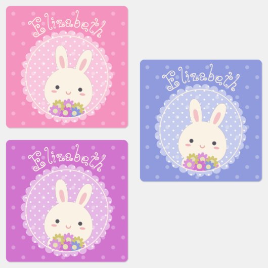 Girly Pink Cute Kawaii Bunny & Flowers Custom Name Labels (Groep)