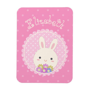 Girly Pink Cute Kawaii Bunny & Flowers Custom Name Magneet