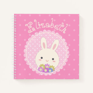 Girly Pink Cute Kawaii Bunny & Flowers Custom Name Notitieboek