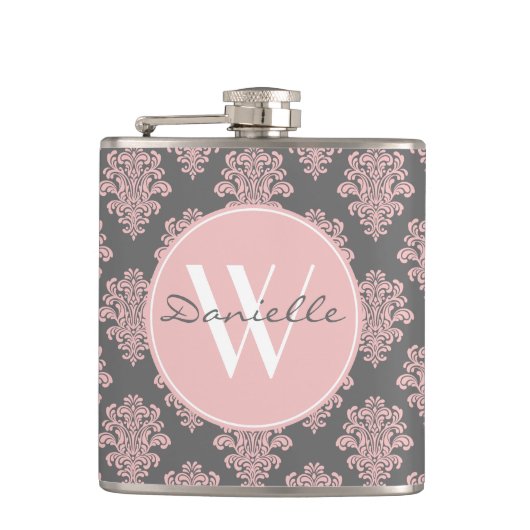 Girly Pink Damask Monogram Heupfles (Voorkant)