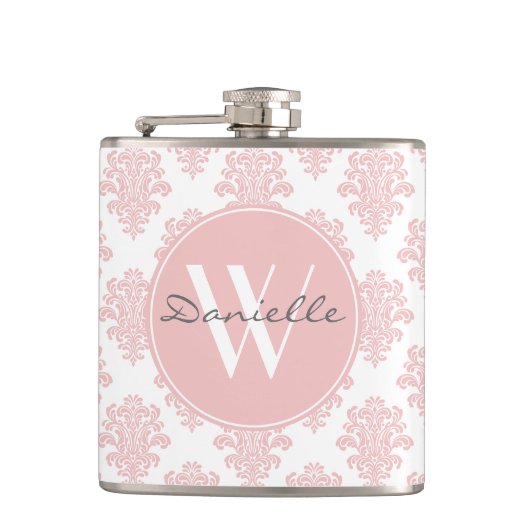 Girly Pink Damask Monogram Heupfles (Voorkant)