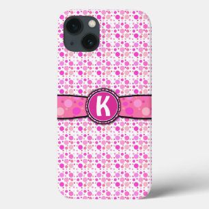 Girly Pink Dot Monogram Patroon iPhone 13 Hoesje