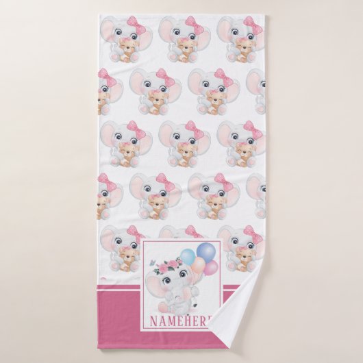 Girly Pink Elephant met Bow en Ballonpatroon Badhanddoek (Badhanddoek)