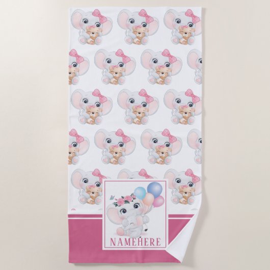 Girly Pink Elephant met Bow en Ballonpatroon Strandlaken (Voorkant)