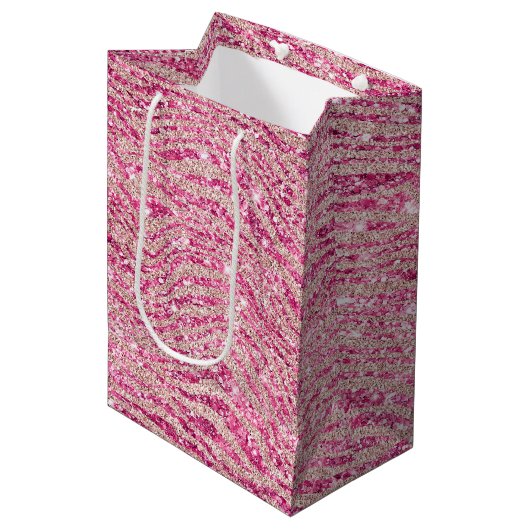 Girly Pink en Blush Glitter Zebra Medium Cadeauzakje (Voorkant Gekanteld)