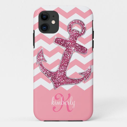 Girly Pink Faux Glitter Anchor Chevron Monogram Case-Mate iPhone Case (Achterkant)