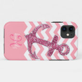 Girly Pink Faux Glitter Anchor Chevron Monogram Case-Mate iPhone Case (Achterkant (horizontaal))