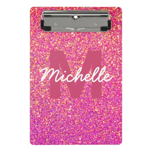Girly Pink Faux Glitter Sparkle Monogram Naam Mini Klembord (Voorkant)