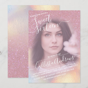 Girly Pink Faux Iridescent Glitter Foto Sweet 16 Kaart