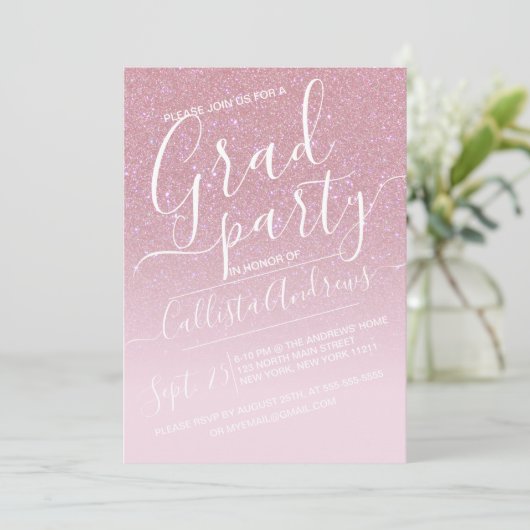 Girly Pink Faux Sparkly Glitter Ombre Afstuderen Kaart (Staand voorkant)