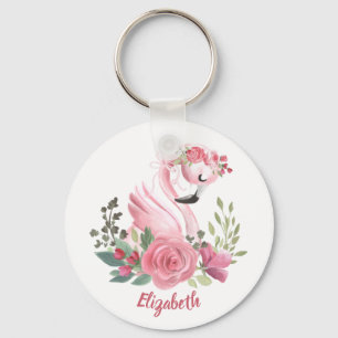 Girly Pink Flamingo Floral Rozen Name Sleutelhanger