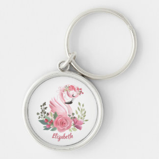 Girly Pink Flamingo Floral Rozen Name Sleutelhanger