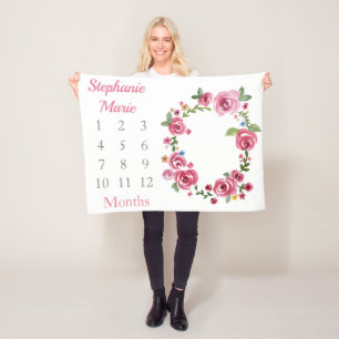 Girly PInk Floral Baby Girl Milestone Baby Fleece Deken