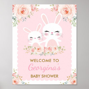 Girly Pink Floral Bunny Baby shower Cute Rabbit Poster