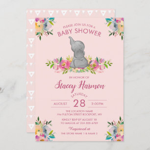 Girly Pink Floral Elephant Baby shower Invitation Kaart