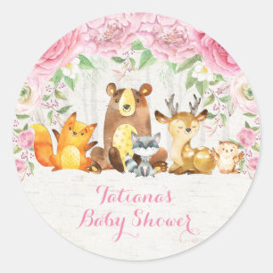 Girly Pink Floral Woodland Baby Dieren Dank u Ronde Sticker