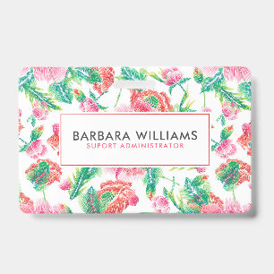 Girly Pink Flowers Green Leafs Pattern Badge