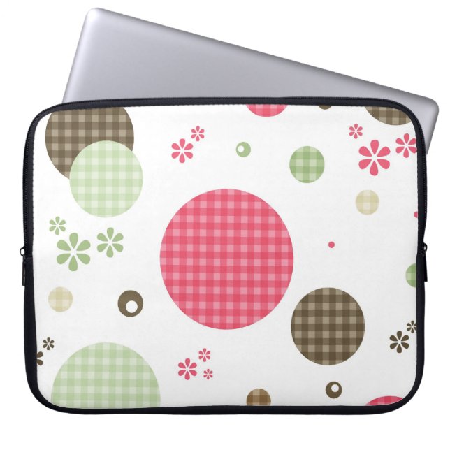Girly Pink Gingham Pattern Circles Cute Daisies Laptop Sleeve (Voorkant)