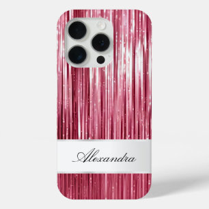 Girly Pink Glam Glitzy Tinsel Stripes iPhone 15 Pro Case