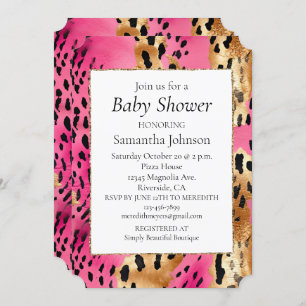 Girly Pink Glam Gold Leopard Baby shower Kaart