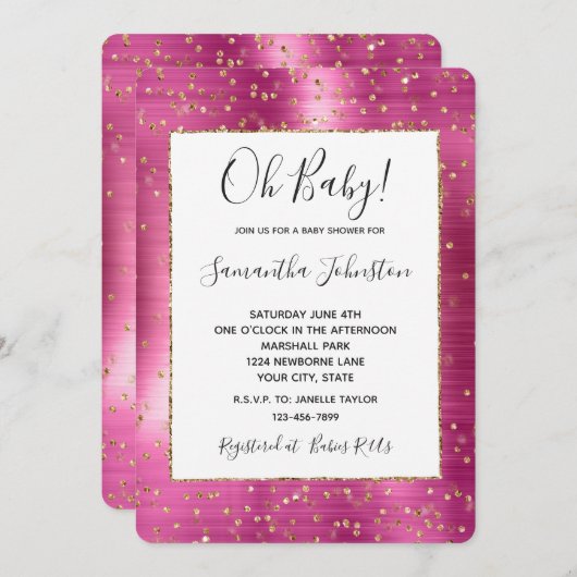 Girly Pink Glam Gold Sparkle Confetti Baby shower Kaart (Voorkant / Achterkant)