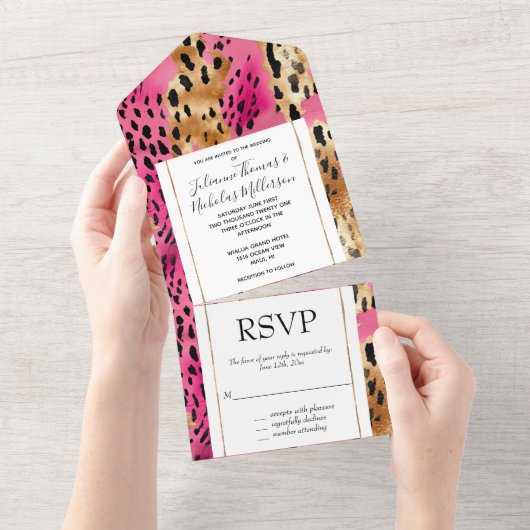Girly Pink Glam Leopard Print All In One Uitnodiging (Afscheurbaar)
