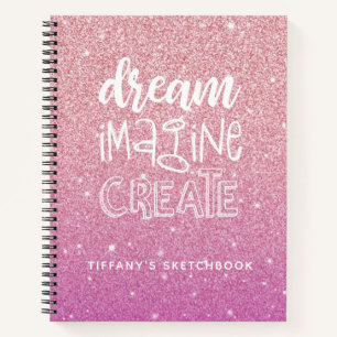 Girly Pink Glitter Artist Sketchbook met naam Notitieboek