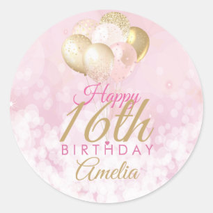 Girly Pink Glitter Balloons 16th Birthday Ronde Sticker