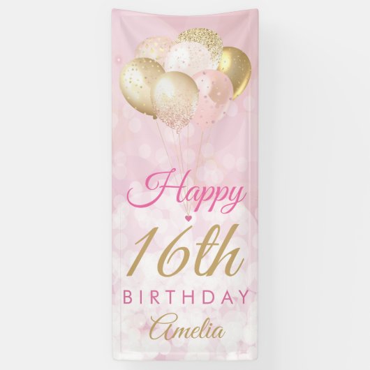 Girly Pink Glitter Balloons 16th Birthday Spandoek (Verticaal)