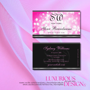 Girly Pink Glitter Black Monogram Silver Border Visitekaartje