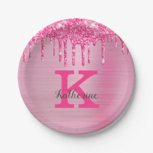 Girly Pink Glitter Drift Chic Glam Monogram Name Papieren Bordje