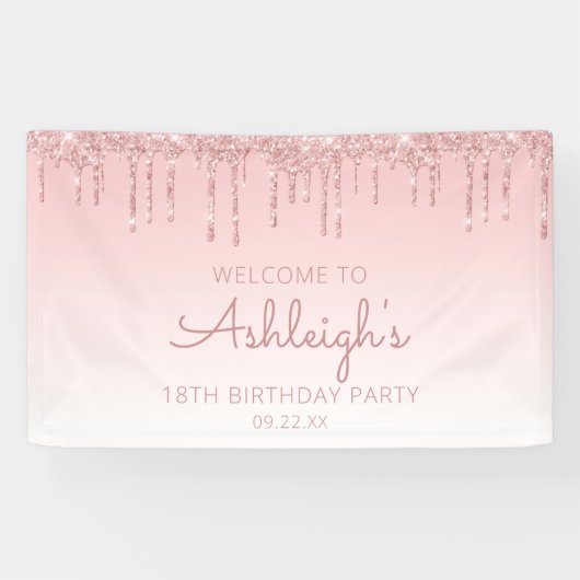 Girly Pink Glitter Drip 18th Birthday Party Spandoek (Horizontaal)