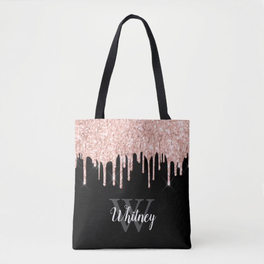 Girly Pink Glitter Drip Gray Monogram Draagtas (Voorkant)