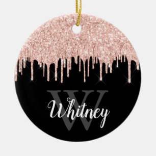 Girly Pink Glitter Drip Gray Monogram Foto Cerami Keramisch Ornament