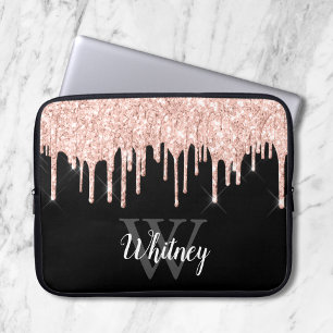 Girly Pink Glitter Drip Gray Monogram Laptop Sleeve